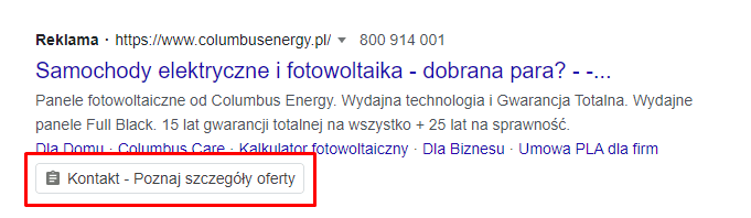 Przykład formularza kontaktowego w reklamie Google Ads