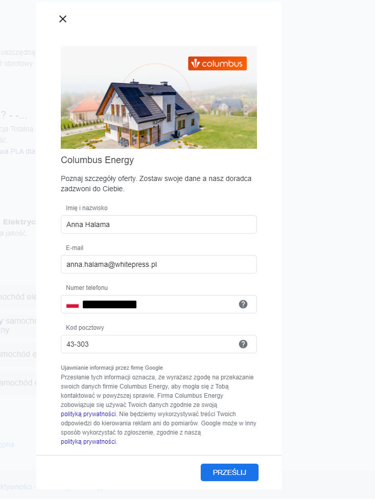 Formularz kontaktowy Google Ads po otwarciu