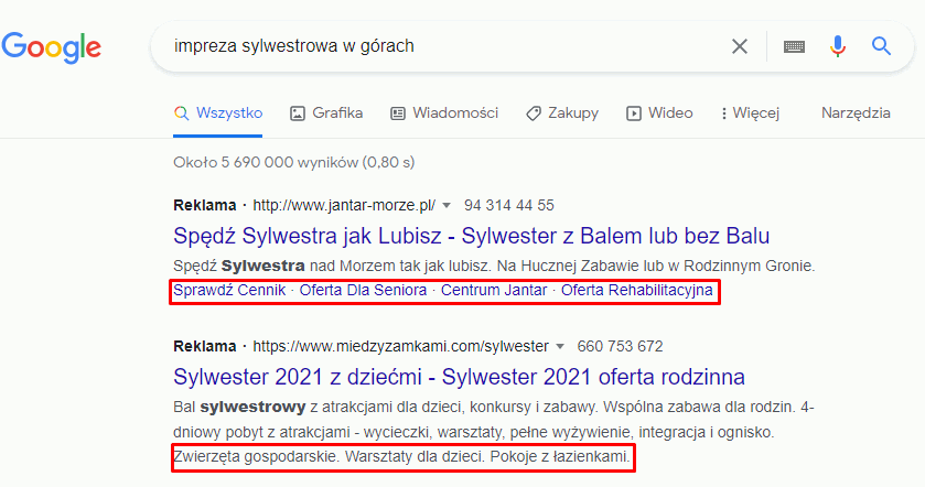 Przykłady rozszerzeń w reklamach Google Ads