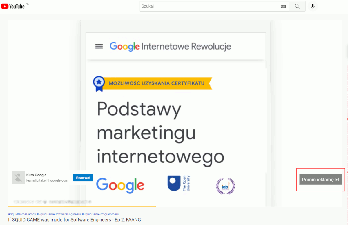 Przykład reklamy In-stream możliwej do pominięcia