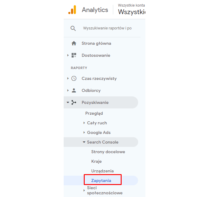 Screen przedstawiający umiejscowienie sekcji Zapytania w Google Analytics