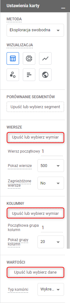 Umieszczanie zmiennych w raporcie eksploracji Google Analytics 4