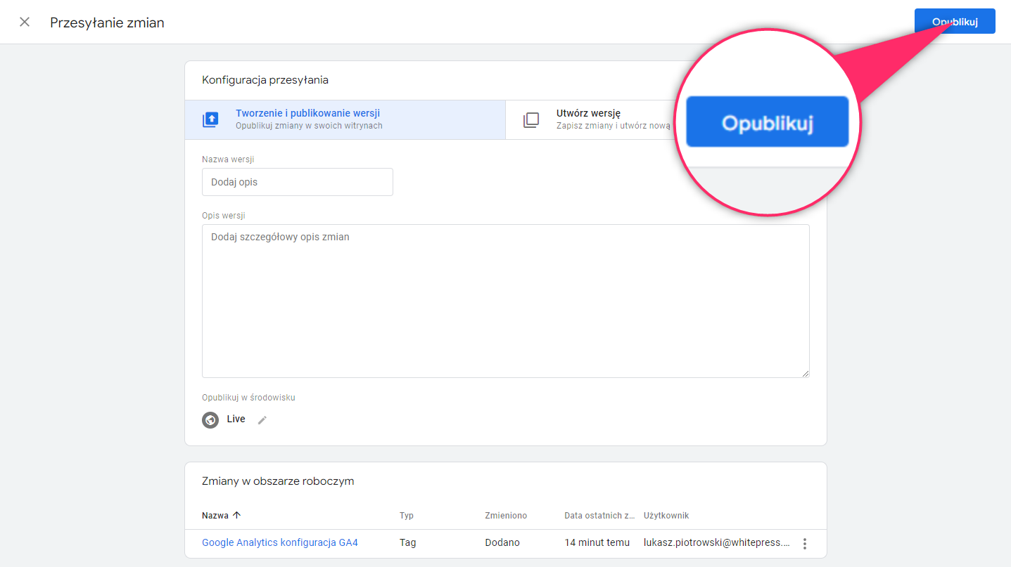 Publikacja kontenera tagów w Google Tag Manager