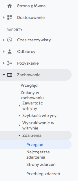 Ścieżka do raportu zdarzeń Universal Analytics