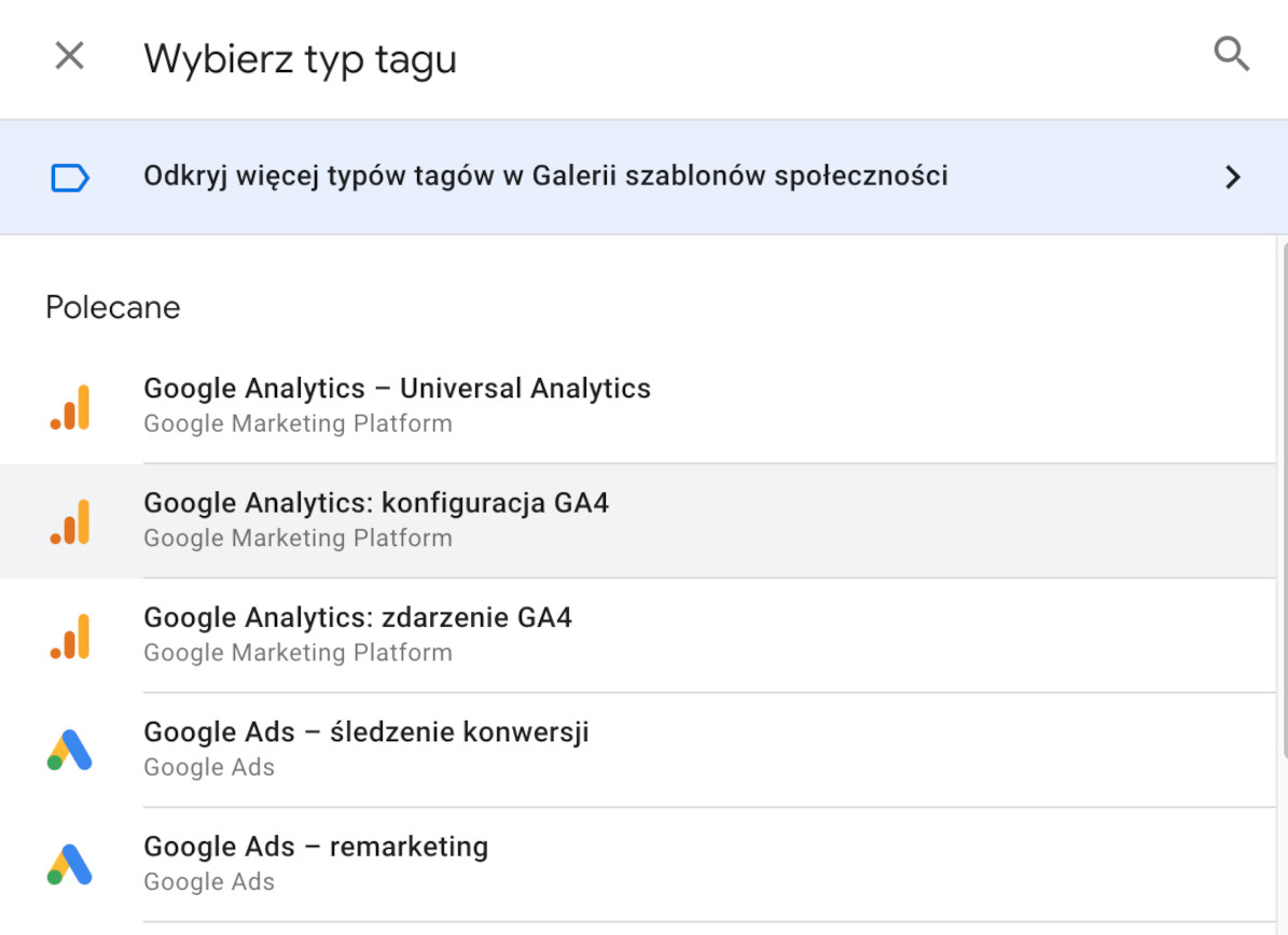 typy tagów google analytics 4