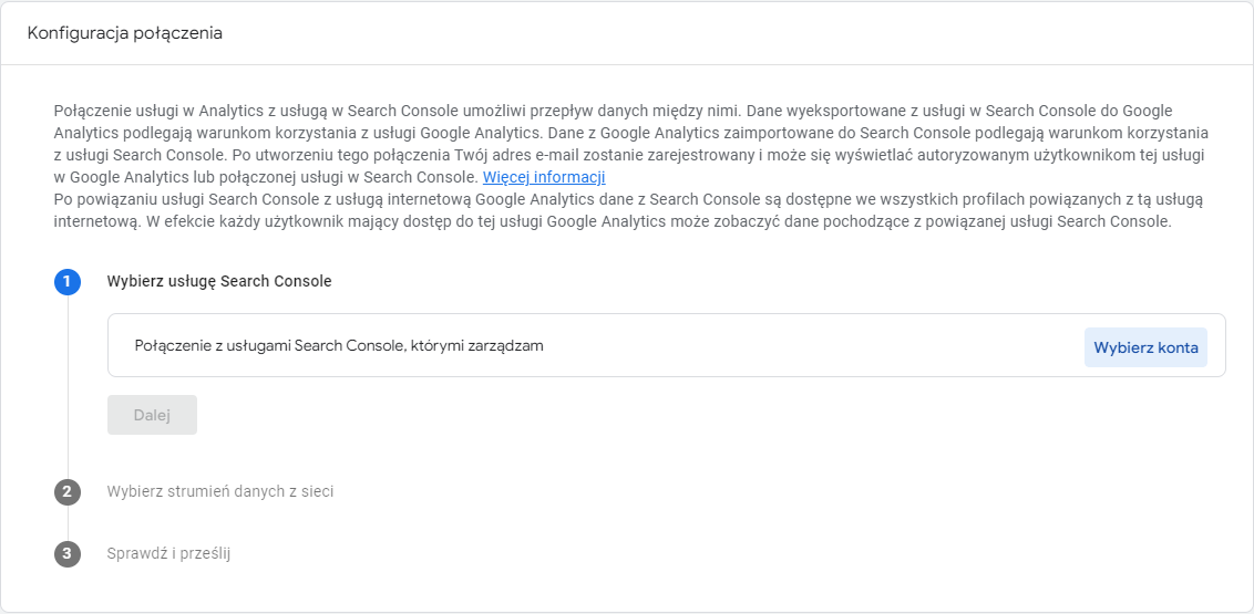 Konfiguracja połączenia GSC z Google Analytics 4