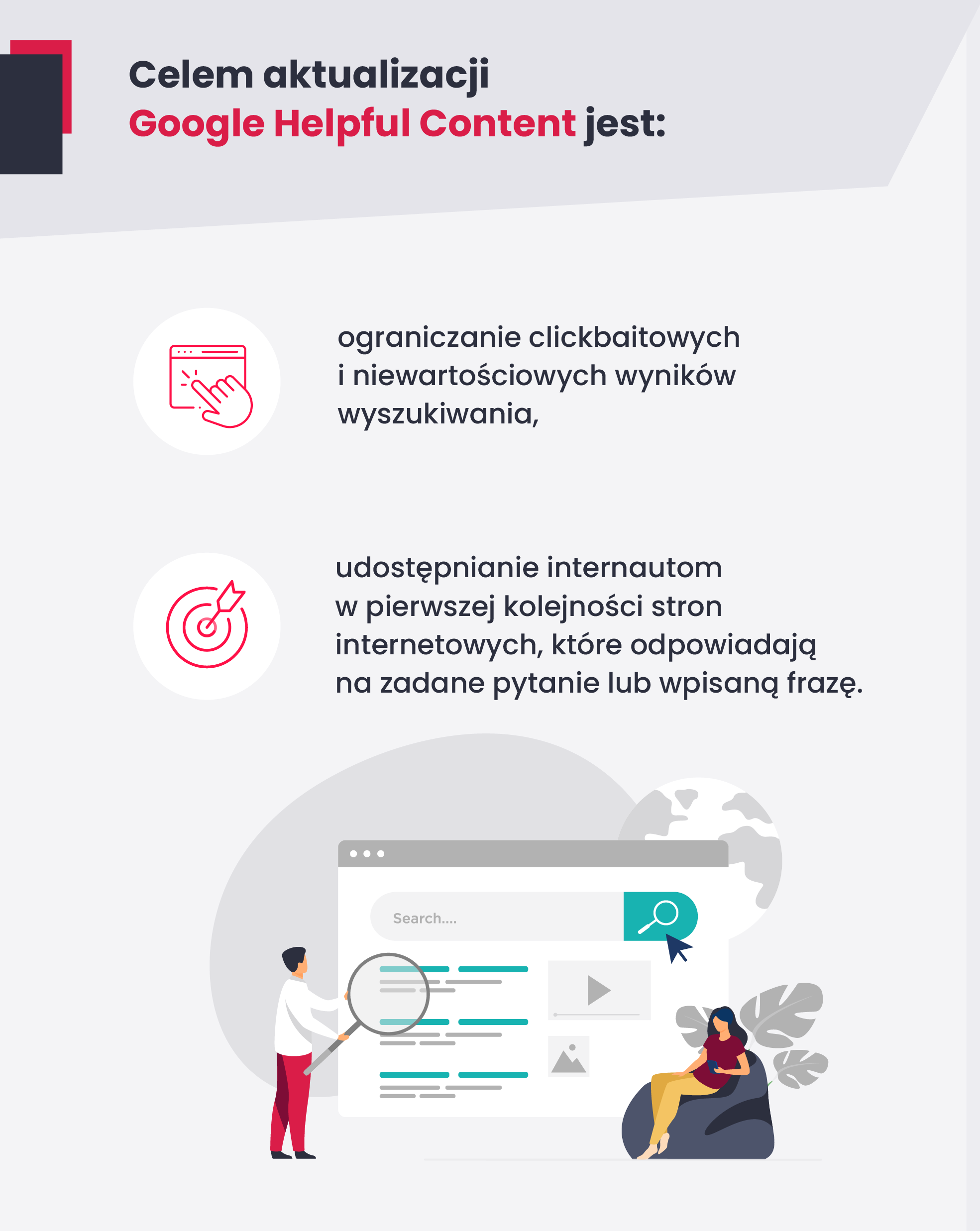 Główne cele aktualizacji Google helpful Content przedstawione w formie graficznej