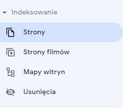 Menu boczne Google Search Console - sekcja indeksowanie