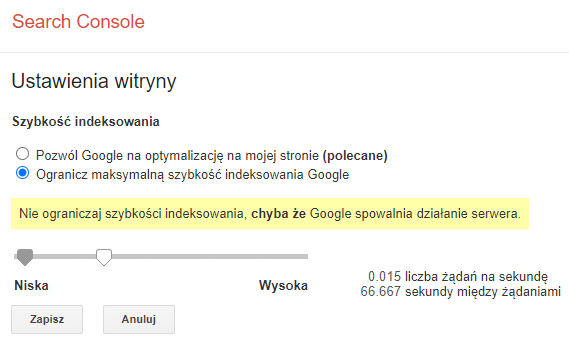 Ustawienia szybkości indeksowania stron witryny w Google Search Console