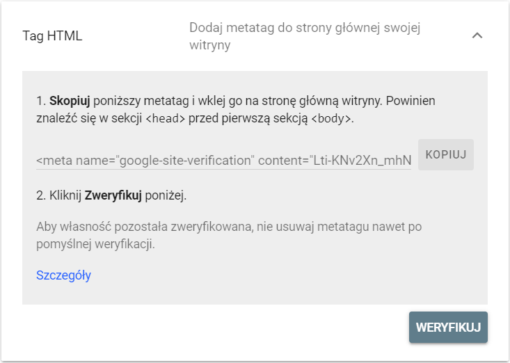 Zrzut ekranu weryfikacji własności strony poprzez dodanie tagu HTML na stronie głównej monitorowanej witryny