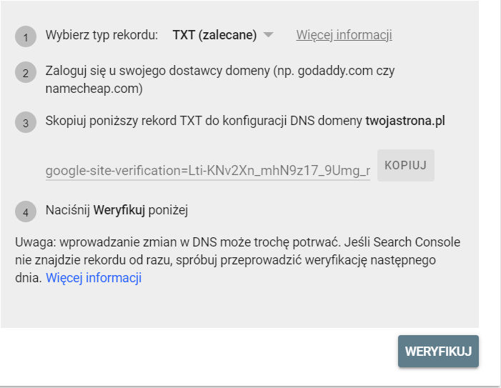 Weryfikacja własności w Google Search Console - prefiks adresu URL