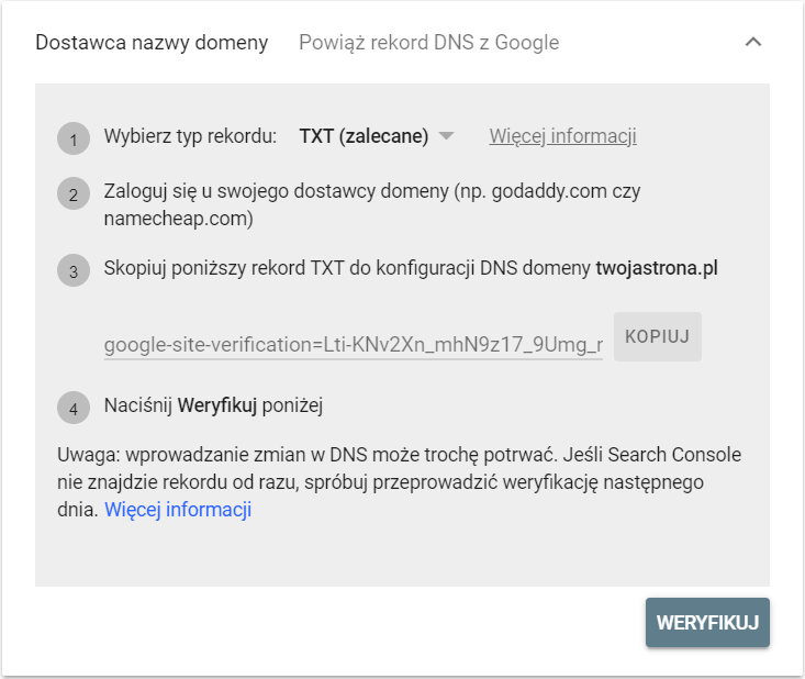 Weryfikacja własności prefiks URL w GSC, za pomocą powiązania rekordu DNS