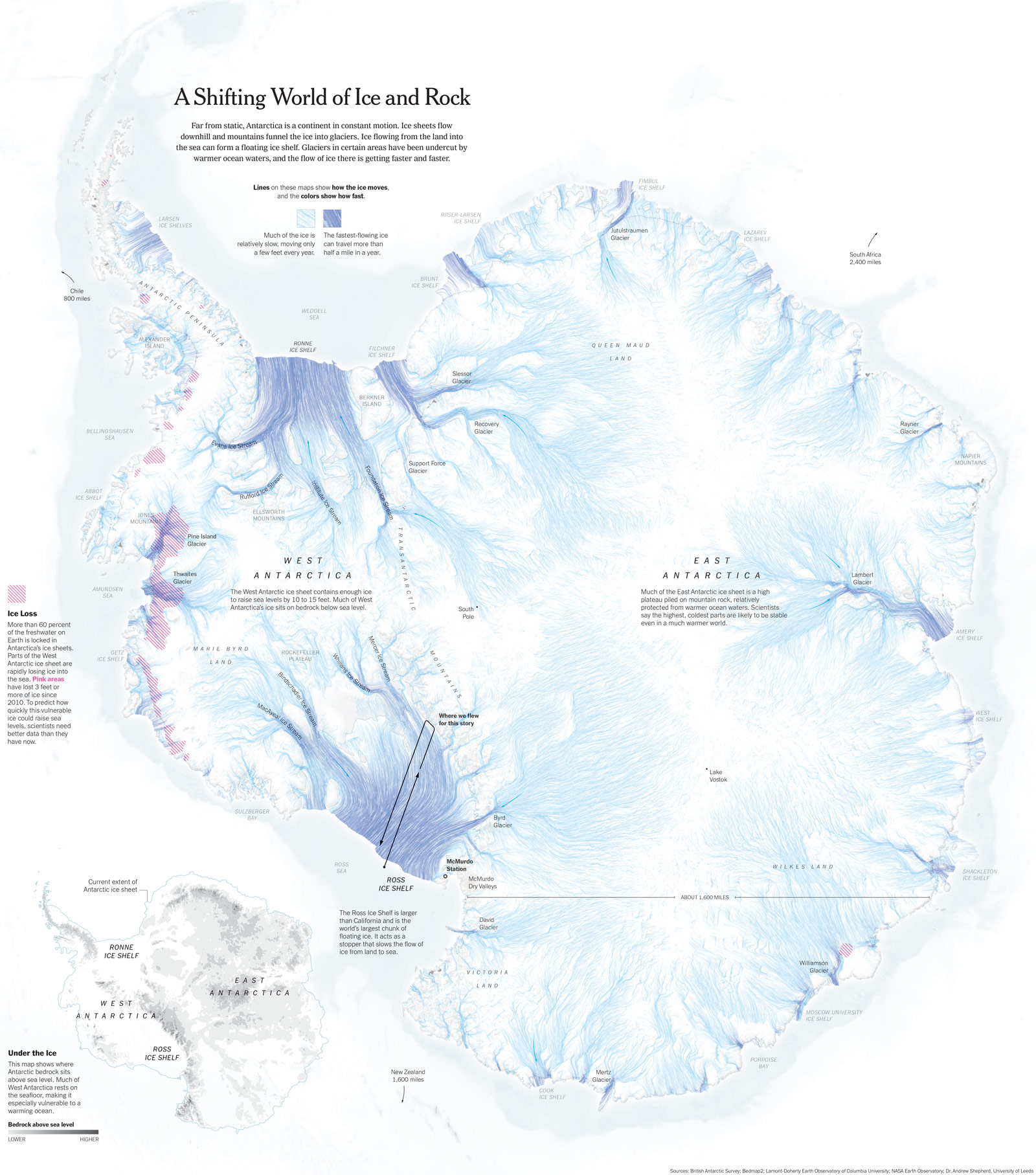 Infografika w&nbsp;formie mapy prezentująca ruch lodu na&nbsp;Antarktydzie -&nbsp;A&nbsp;Shifting World of Ice And Rock