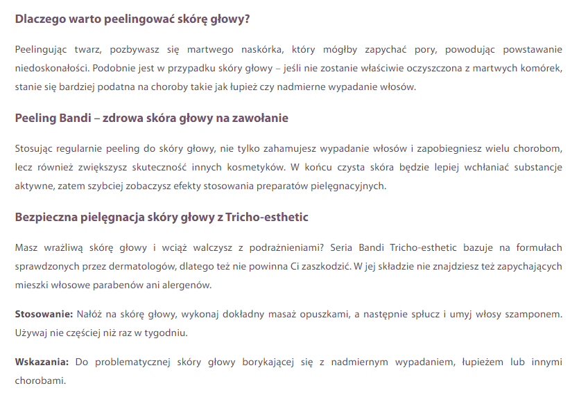 Opis produktu na stronie Hebe z wyróżnionymi nagłówkami.