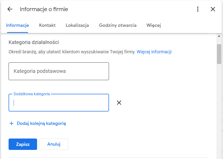 Ekran dodawania kategorii działalności w profilu firmy Google.