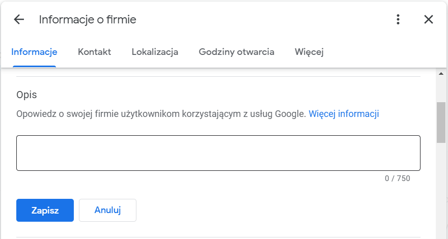 Ekran dodawania opisu firmy w wizytówce Google.