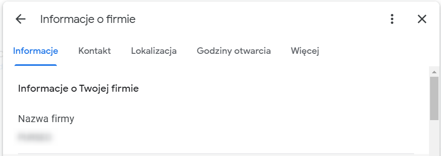 Ekran edycji informacji o firmie - nazwa firmy w profilu firmy Google. 