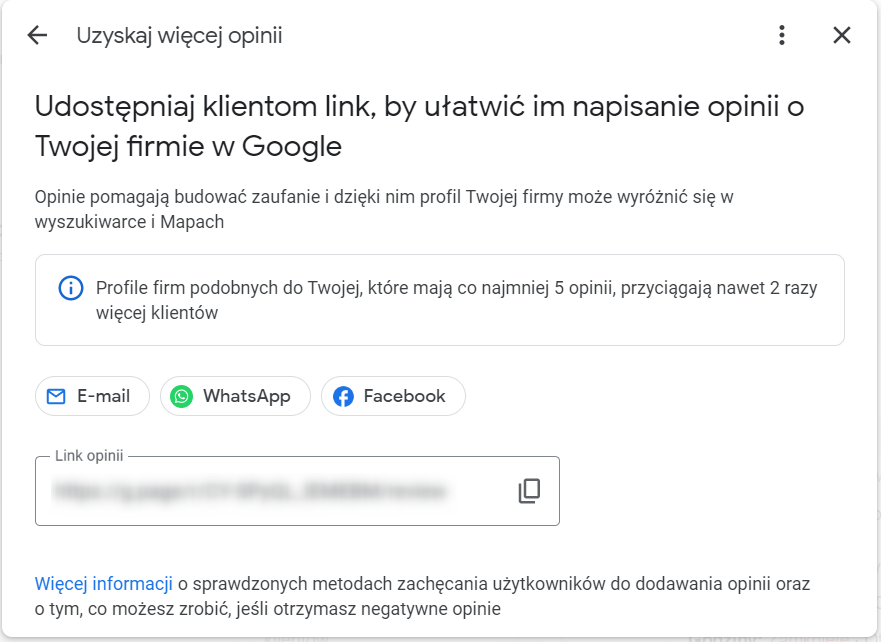 Ekran profilu firmy w Google. umożliwiający generowanie i wysyłanie linków do strony wystawiania opinii na wizytówce Google.