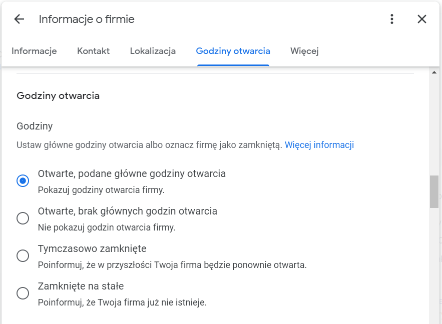 Ekran wyboru metody prezentacji godzin otwarcia placówki w Google Moja Firma.