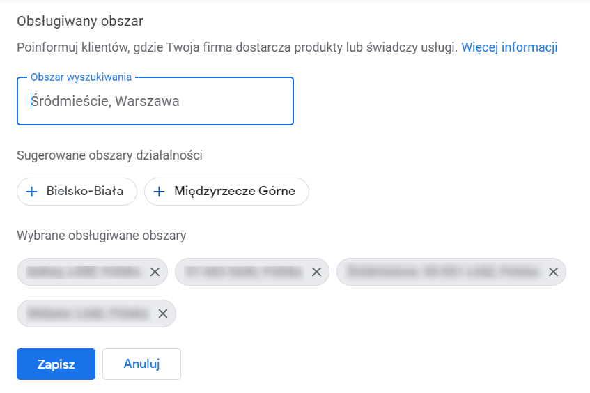 Ekran wyboru obsługiwanych obszarów przez placówkę w Profilu Firmy w Google.