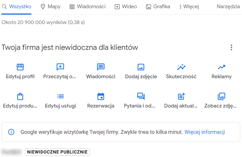 Wycinek ekranu zarządzania profilem Google Moja Firma