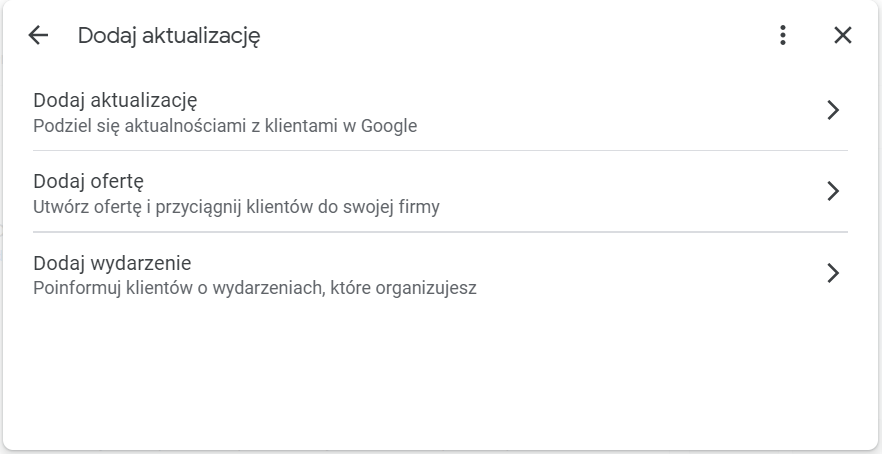 Okno dodawania aktualizacji w panelu profilu firmy Google