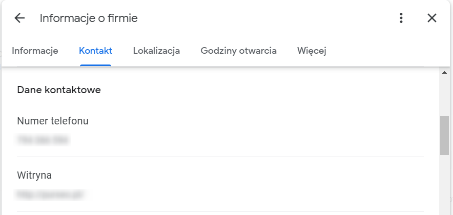 Okno edycji danych kontaktowych w profilu firmy w Google.