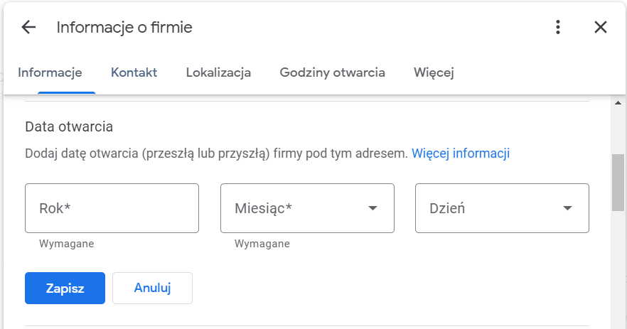 Okno wyboru daty otwarcia firmy w wizytówce Google.