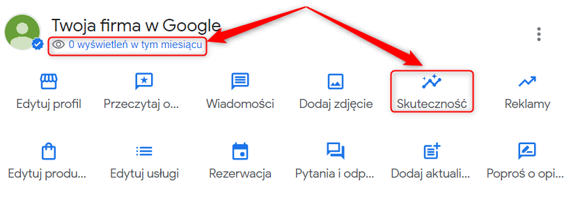 Zrzut ekranu pokazujący ścieżkę do ekranu skuteczności wizytówki Google.