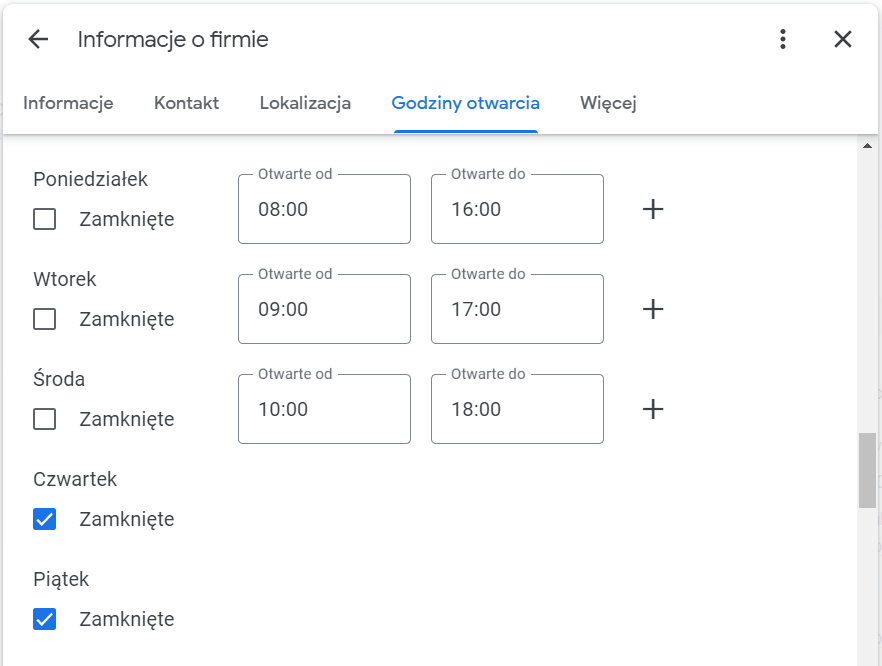 Ekran wyboru dni  i godzin otwarcia  w profilu firm Google.