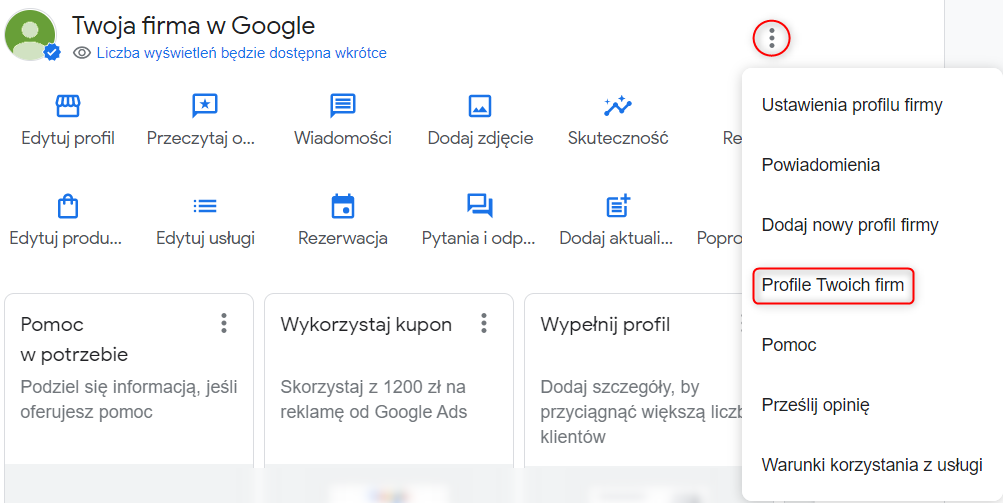 Zrzut ekranu przedstawiający ścieżkę do opcji zarządzania wieloma profilami firm w Google Moja Firma