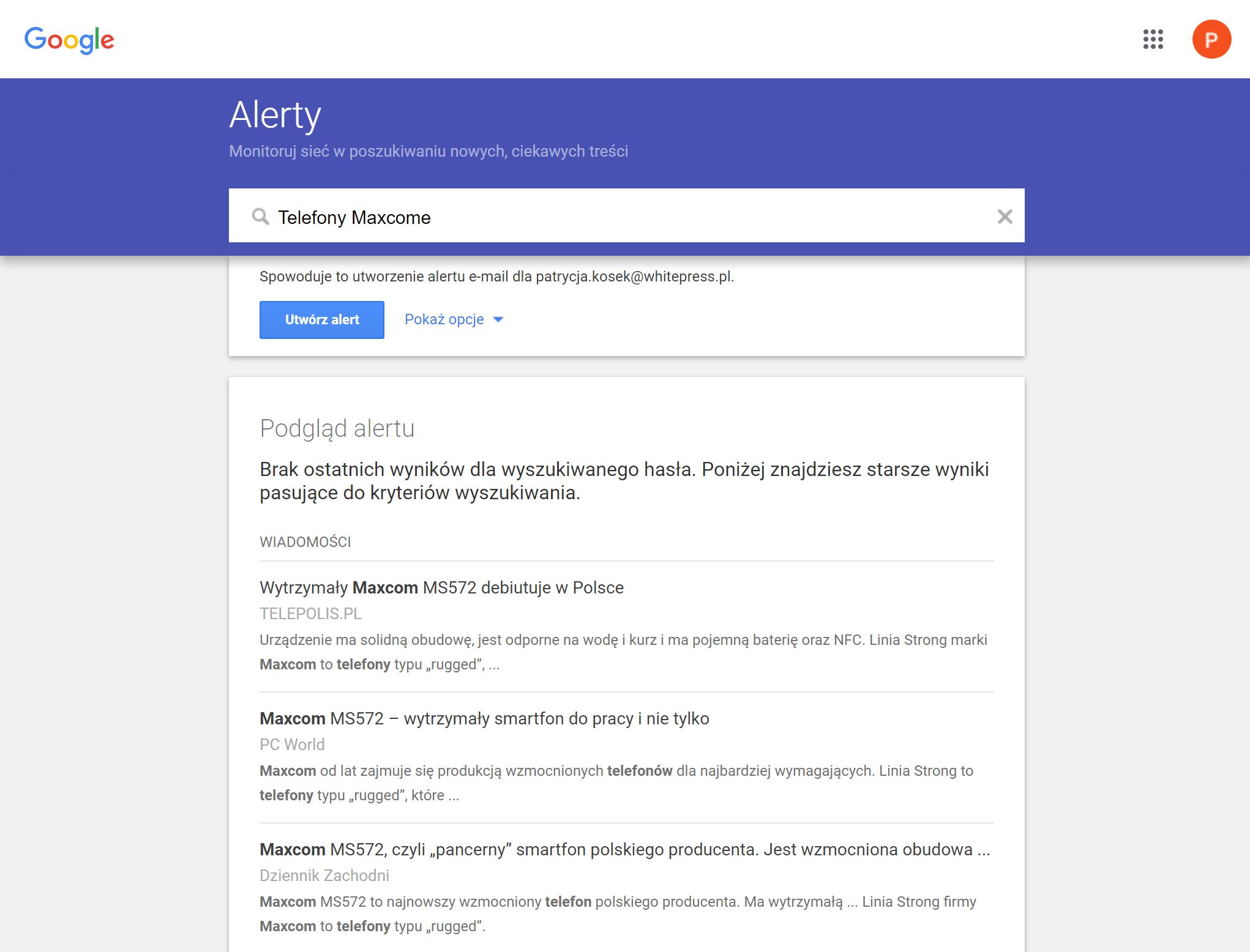 Screen ustawień alertów Google