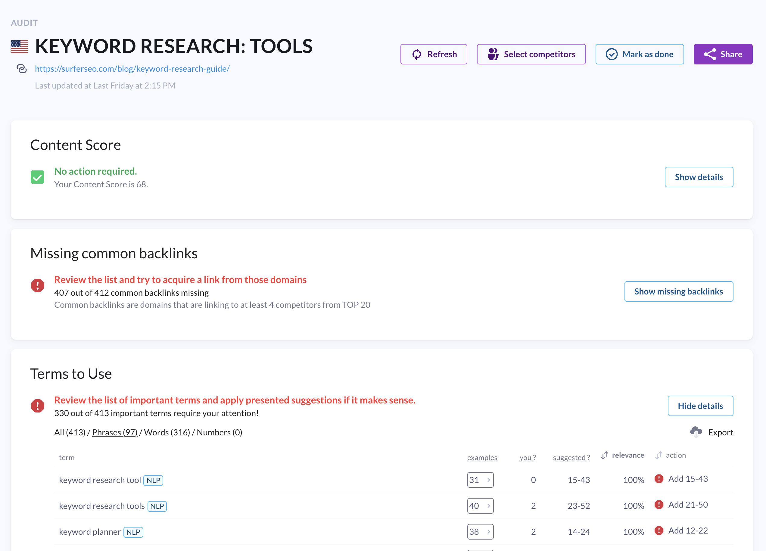 Keyword research tools in Surfer