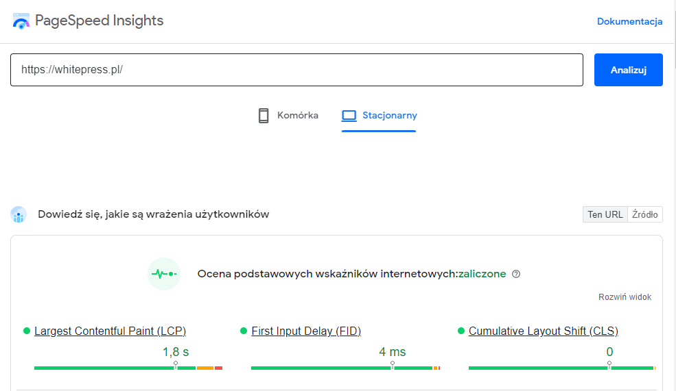 PageSpeed Insights - metryki Core Web Vitals