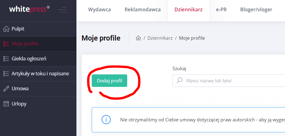Dodaj profil - screen z panelu WhitePress