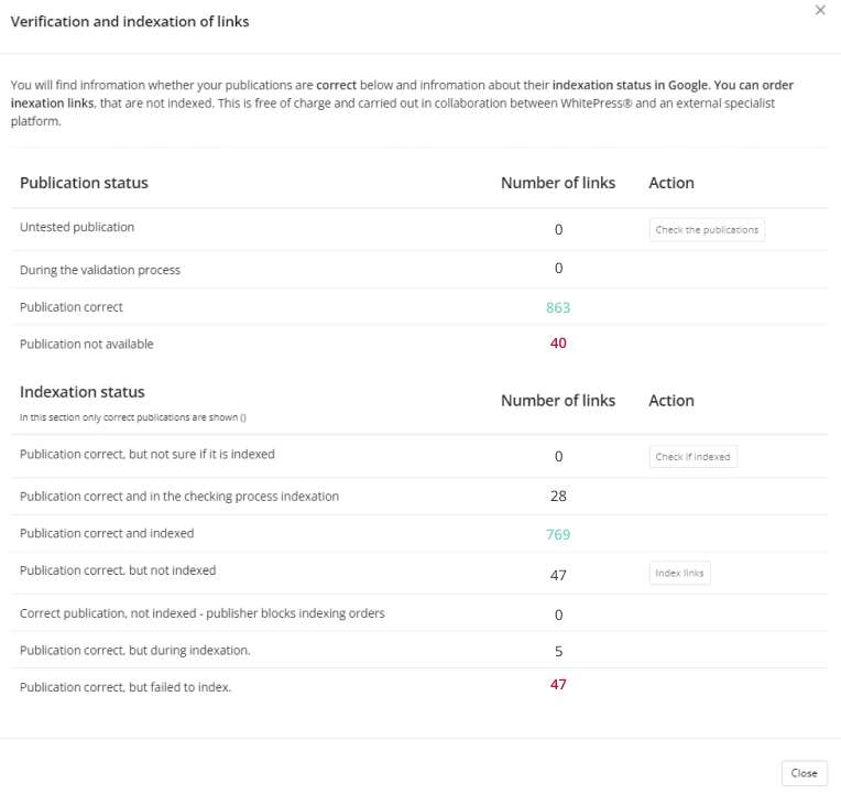 Link verification and indexing