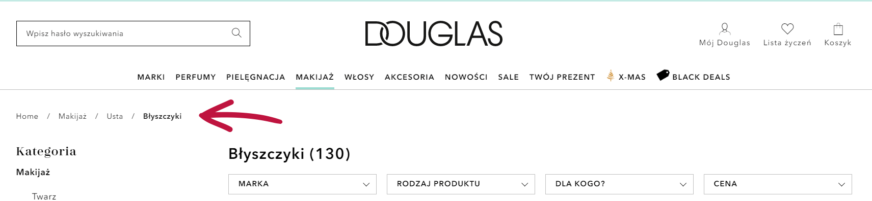 Przykładowe menu okruszkowe wykorzystane na https://www.douglas.pl/