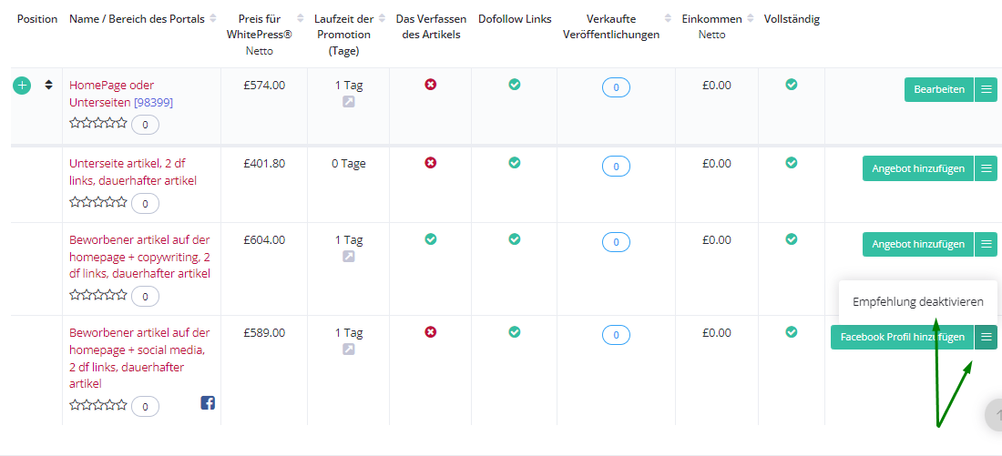 Aktivierung des Angebots