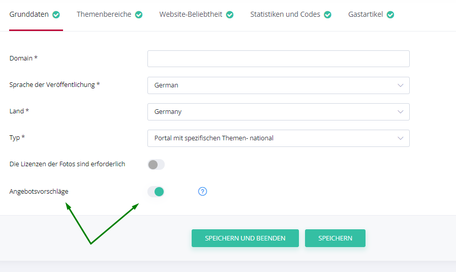 Freischaltung des Angebots für alle Portale