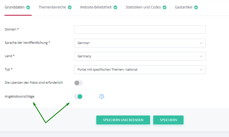 Freischaltung des Angebots für alle Portale