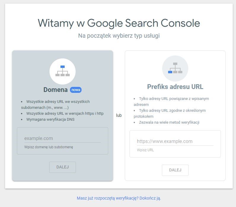 Dodawanie domeny lub adresu URL do Google Search Console