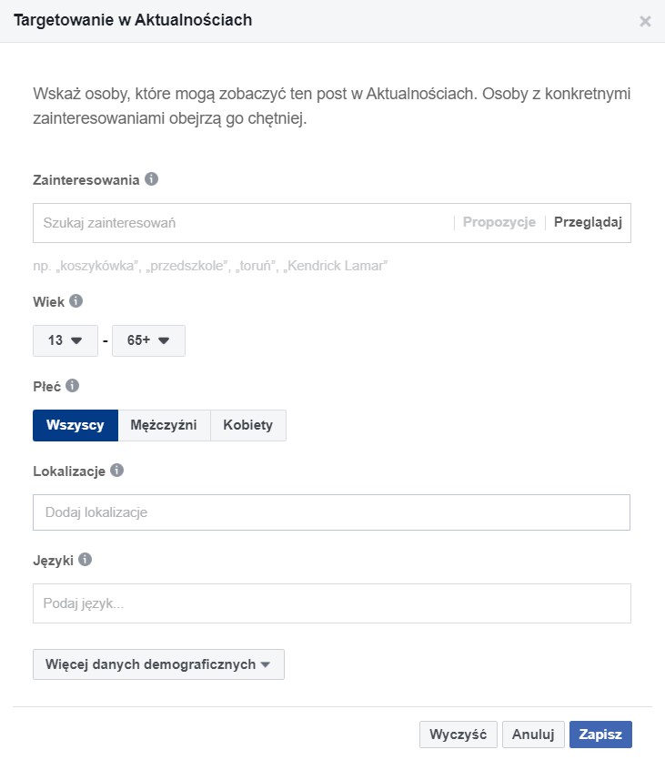 screen z facebooka - targetowaie w aktualnościach