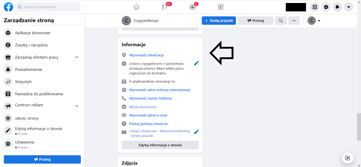 Uzupełnianie informacji kontaktowych na fanpage'u