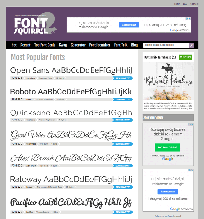 strona główna portalu Font Squirrel
