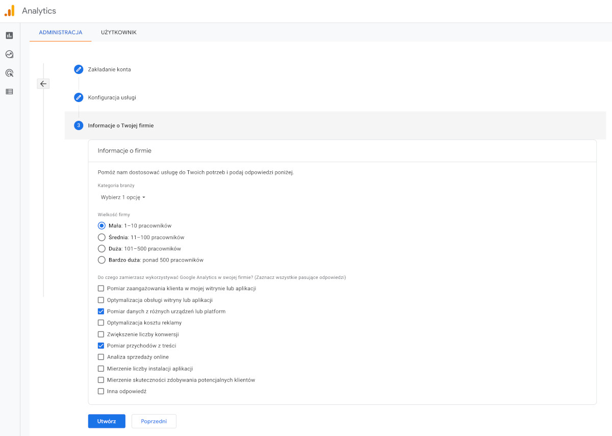 Google analytics - ankieta informacje o firmie