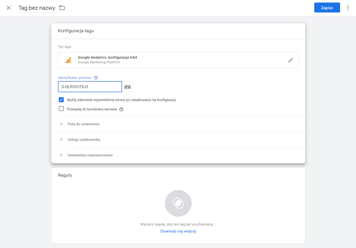 Konfiguracja tagu Google Analytics 4 w menedżerze tagów.