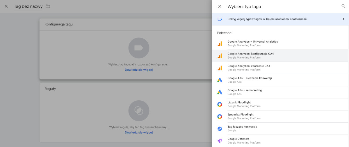 Dodawanie kodu śledzącego Google Analytics 4 w menedżerze tagów Google