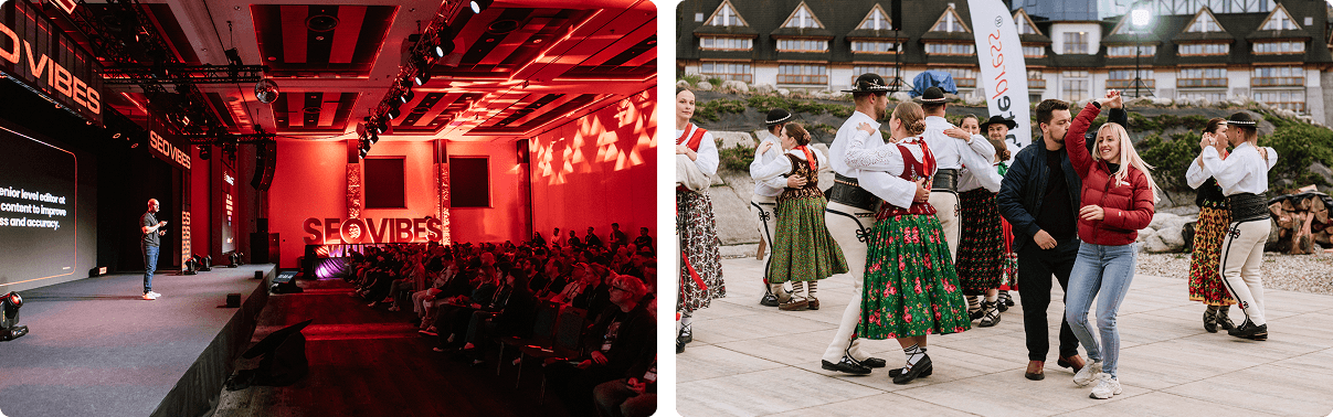 Dwa zdjęcia z konferencji SEO Vibes Summit - dzień drugi. Scena główna i tańce góralskie
