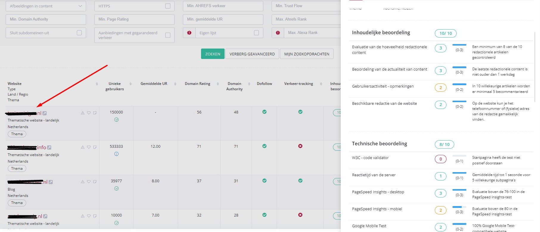 Details en statistieken websites