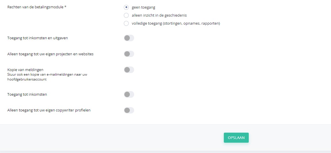 Rechten toewijzen aan subaccounts